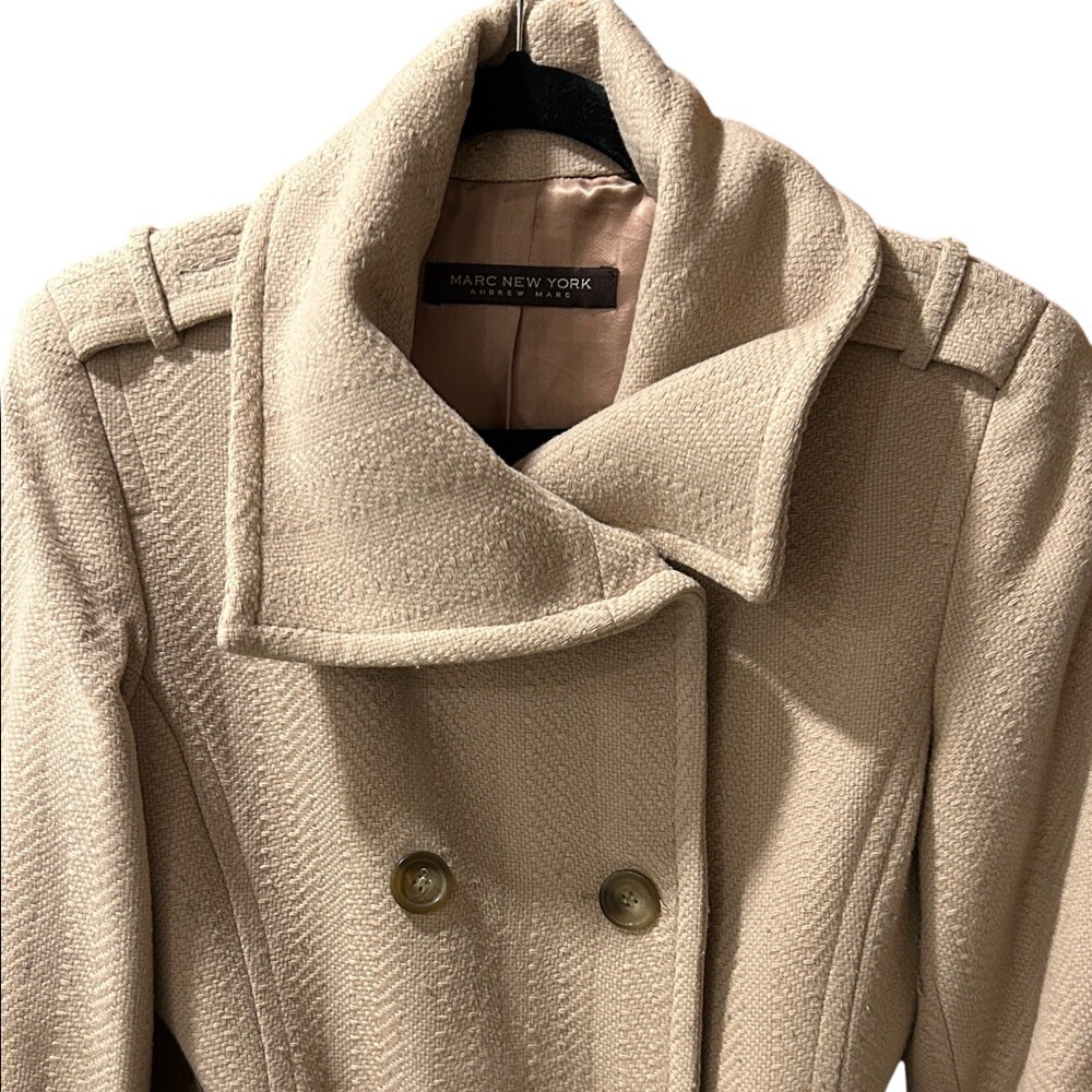 Marc‎ New York Andrew Marc Tan Herringbone Double Breasted Belted Trench Coat
